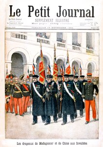 Französische Kriegsveteranen tragen Fahnen der Madagaskar- und China-Kampagnen, 1901