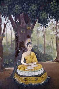 Fresko, das eine Szene aus dem Leben des Buddha im Wat Phra Doi Suthep zeigt: Buddha meditiert unter einem Baum, Chiang Mai, Thailand