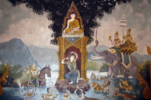 Fresko, das eine Szene aus dem Leben des Buddha im Wat Phra Doi Suthep zeigt: Phra Mae Thorani dreht ihr langes Haar und Wasserströme erzeugen eine Flut, Chiang Mai, Thailand von Unbekannt