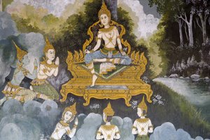Fresko, das eine Szene aus dem Leben des Buddha darstellt, Wat Phra Doi Suthep, Chiang Mai, Thailand von Unbekannt