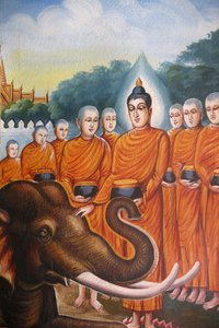 Fresko, das die Sangha des Buddha mit einem Elefanten darstellt, Wat Chiang Mun, Chiang Mai, Thailand von Unbekannt