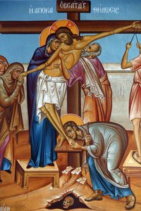 Fresko in der Heilig-Kreuz-Kirche, Pedoulas. Klage um Jesus Christus am Kreuz, 20150510, Pedoulas, Zypern von Unbekannt