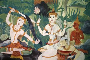 Fresko im Wat Ampharam, Hua Hin, Thailand: Buddha schneidet sich die Haare und entsagt seinem früheren Leben