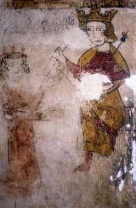 Fresko des Ferrande-Turms in Pernes-les-Fontaines (Pernes les Fontaines, Vaucluse (84)) aus dem 13. Jahrhundert: Karl I. von Anjou (1227-1285), dem der Leichnam von Manfred I. von Sizilien oder Hohenstaufen (ca. 1232-1266) gebracht wird.