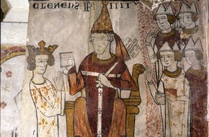 Fresko des Ferrande-Turms in Pernes-les-Fontaines (Pernes les Fontaines, Vaucluse (84)) aus dem 13. Jahrhundert: Karl I. von Anjou (1226-1285) wurde am 28.06.1265 von Papst Clemens IV. (ca. 1195-1268) im Königreich Sizilien investiert.