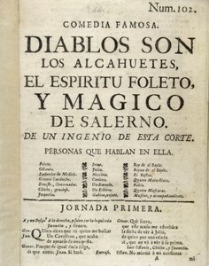Frontispiz von "Diablos son los alcahuetes, el espiritu foleto, y magico de Salerno"