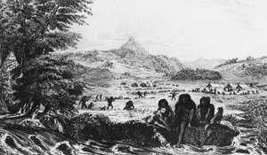 Feuerländer in Woollya, mit dem Lager der Fitzroy-Expedition im Hintergrund, 1831-1839