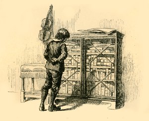 Blick auf die Einbände durch die Gittertüren des Schranks, 1907