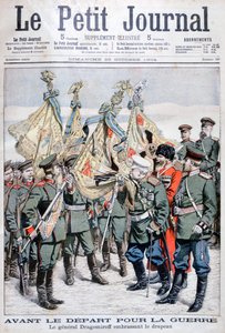 General Dragomirov küsst die Flagge, bevor die Truppen in den Russisch-Japanischen Krieg ziehen, 1904