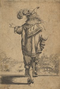 Herr von hinten gesehen, der auf eine Landschaft hinweist, nach 1629 von Unbekannt