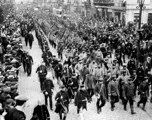 Deutsche Truppen als Gefangene in Antwerpen, Belgien, Erster Weltkrieg, 1914