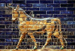 Glasierte Ziegelrelief eines Stiers auf dem Heiligen Weg zum Ischtar-Tor, Babylon, ca. 580 v. Chr.