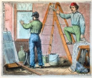 Glaser und Tapezierer arbeiten in einem Haus, 1867 von Unbekannt