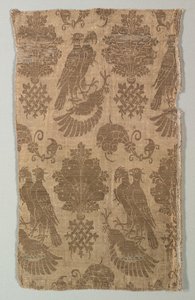 Goldgemusterte Seide mit Falken und Heraldik, 1360-1400