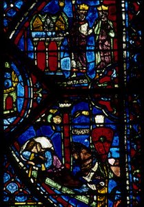 Gotische Architektur. Histoire de Charlemagne (Detail): Karl der Große empfängt 3 Jagden (oben) und Vision von Konstantin (I., Kaiser von Byzanz). Glasmalerei des nördlichen Chorumgangs, Apsis. Kathedrale von Chartres. von Unbekannt