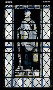 Gotische Architektur. Buntglasfenster, das den Propheten Maleachi darstellt. Kapelle von La Mailleraye, Abteikirche Notre Dame, Jumieges