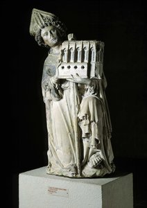 Gotische Kunst: Darstellung von Jean Tissandier, Bischof von Rieux-Volvestre als Stifter. Statue der Kapelle von Rieux in der Kirche der Cordeliers, geschaffen vom Meister von Rieux um 1333-1334. Polychrome Stein. Toulouse