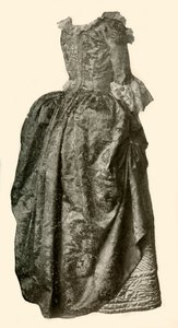 Kleid aus gelber Damastbrokat, getragen über einem blauen gesteppten Satinunterrock, ca. 1710-1730, 1937 von Unbekannt