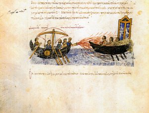 Griechisches Feuer. Miniatur aus dem Madrid Skylitzes, 11.-12. Jahrhundert