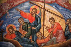 Griechisch-orthodoxe Ikone, die Jesus (zweimal gezeigt) und seine Apostel am See Tiberias darstellt, Thessaloniki, Griechenland von Unbekannt
