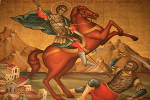 Griechisch-orthodoxe Ikone, die den Heiligen Dimitrios darstellt, Thessaloniki, Griechenland