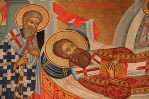 Griechisch-orthodoxe Ikone, die den Tod des Heiligen Gregor Palamas darstellt, Thessaloniki, Griechenland von Unbekannt