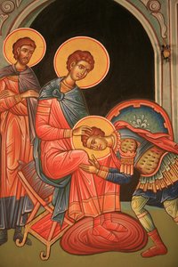 Griechisch-orthodoxe Ikone, die den Heiligen Nestor und den Heiligen Dimitrios darstellt, Thessaloniki, Griechenland von Unbekannt