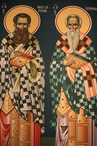 Griechisch-orthodoxe Ikone, die den Heiligen Vissarion und den Heiligen Epiphanios darstellt, Thessaloniki, Griechenland von Unbekannt