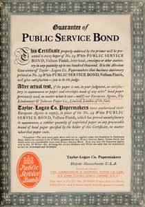 Garantie der öffentlichen Dienstleistungsanleihe - Taylor-Logan Co. Papermakers Werbung, 1919