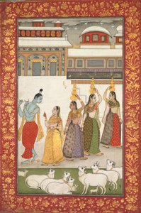 Gujari Ragini Krishna mit Gopis, die Flöte spielen, aus einer Ragamala-Serie, Mitte 1700er Jahre