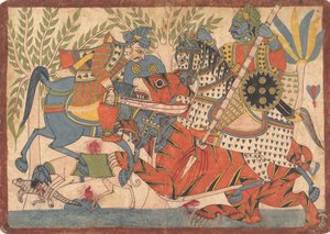 Harishchandra und sein Minister töten einen Tiger, Folio aus einer Harishchandra-Serie, 1800-1850 von Unbekannt