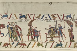 Harold und Graf Guy von Ponthieu sprechen zusammen in Beaurain, Teppich von Bayeux (Wollstickerei auf Leinen) von Unbekannt