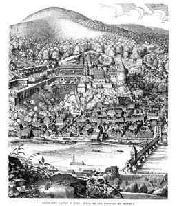 Schloss Heidelberg und Stadt über den Neckar gesehen, Deutschland, 1620 von Unbekannt