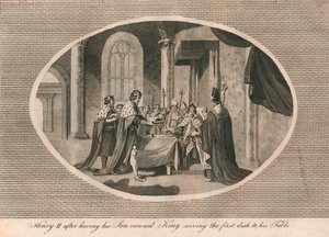 Heinrich II., nachdem er seinen Sohn zum König gekrönt hat, serviert das erste Gericht an seinem Tisch von Unbekannt