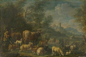 Hirte mit seiner Herde in romantischer Landschaft