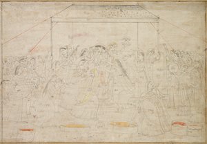Hindu-Gott Krishna wird für das Frühlingsfest Holi in Frauenkleider gehüllt, c. 1790