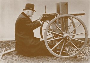 Hiram Maxim 1840-1916 präsentiert das erste automatische Maschinengewehr, 1884