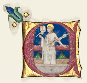 Historiierte Initiale E aus einem Antiphonar: Der auferstandene Christus im Grab, um 1420-1450