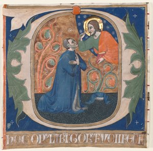 Historisierte Initiale O aus einem Antiphonar: Der Stifter, Gorus Fucci, kniet vor Christus