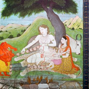 Heilige Familie am Verbrennungsplatz, zeigt Siva, Parvati und Ghanesh, 19. Jahrhundert von Unbekannt