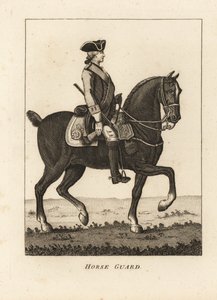 Horse Guard, in Militäruniform mit Dreispitz, Musket