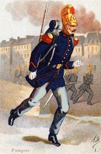I: Feuerwehrmann. Gravur in "Militäralphabet". Initialen des Illustrators: A. D. Unbekannter Herausgeber. Chromolithographien Ende des 19. Jahrhunderts. Dim: 10,5x7cm