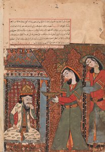 Ilar oder Irakht kurz davor, die Schale Reis auf den König zu werfen, Folio aus einem Kalila wa Dimna von Unbekannt