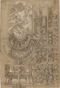 Illusionistische Decke mit einem Weinlaubengang, Figuren auf Galerien und einem zentralen...
