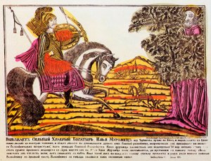 Ilya Muromets und Nachtigall der Räuber, Lubok-Druck, 18. Jahrhundert von Unbekannt