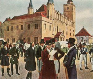 Vor dem Rathaus in Reichenbach in Schlesien während des Waffenstillstands, 1813, 1936 von Unbekannt