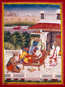 Indische Miniatur zeigt Krishna und eine Prinzessin auf einer Couch, 18. Jahrhundert von Unbekannt