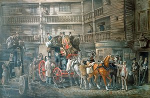 Gasthofhof mit Postkutsche, die sich zur Abfahrt vorbereitet, ca. 1840