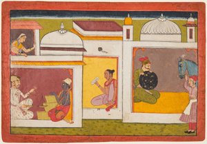 In einem Gebäude sitzt Madhava einem Mann gegenüber, der eine Waage hält, aus einem Madhavanala..., um 1700