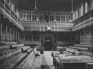 Innenansicht des House of Commons, Westminster, Blick zur Fremdengalerie